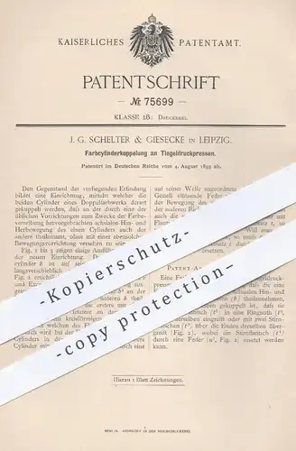 original Patent - J. G. Schelter & Giesecke , Leipzig 1893 , Farbzylinderkupplung an Tiegeldruckpressen | Druck - Presse
