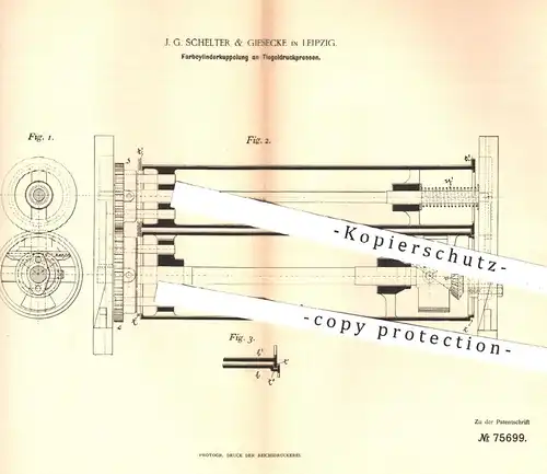 original Patent - J. G. Schelter & Giesecke in Leipzig , 1893 , Farbzylinderkupplung an Tiegeldruckpresse , Druckerei