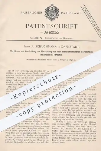 original Patent - A. Schuchmann , Darmstadt 1896 , Herstellung von Holzstäbchen - Pfropfen für Manöverkartuschen | Waffe