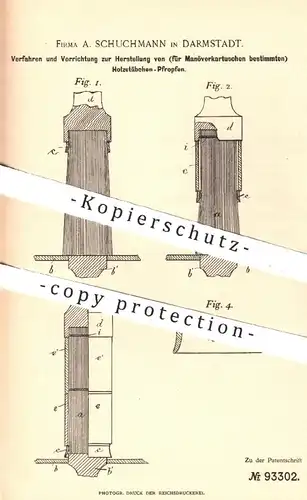 original Patent - A. Schuchmann , Darmstadt 1896 , Herstellung von Holzstäbchen - Pfropfen für Manöverkartuschen | Waffe