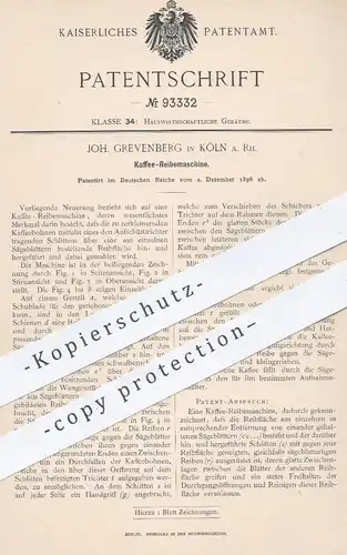 original Patent - Joh. Grevenberg , Köln / Rhein , 1896 , Kaffee - Reibemaschine | Kaffeebohnen , Haushalt , Mühle !!