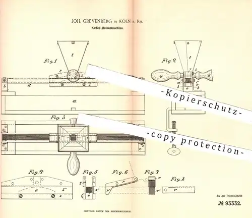 original Patent - Joh. Grevenberg , Köln / Rhein , 1896 , Kaffee - Reibemaschine | Kaffeebohnen , Haushalt , Mühle !!