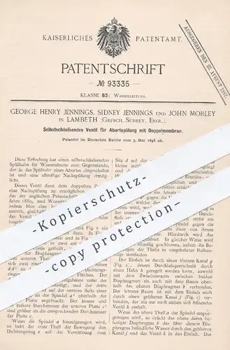 original Patent - George H. u. Sidney Jennings , John Morley , Lambeth , Surrey England , 1896 , Ventil für WC - Spülung