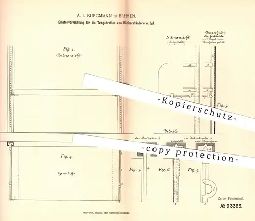 original Patent - A. L. Burgmann , Bremen , 1896 , Bücherregal | Regal , Schrank , Möbel , Möbelbauer | Bibliothek !!