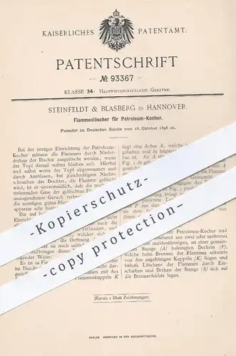 original Patent - Steinfeldt & Blasberg , Hannover 1896 , Flammenlöscher für Petroleum - Kocher | Feuerlöscher , Brenner