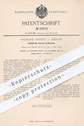 original Patent - Richard Violet in Berlin , 1896 , Fußtritt für Fahrrad - Tretkurbeln | Fußpedal , Pedal , Fahrräder !!
