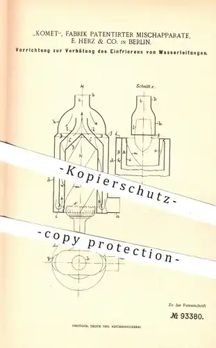 original Patent - Komet Fabrik - Mischapparate , E. Herz & Co , Berlin , 1896 , Einfrieren von Wasserleitungen !!