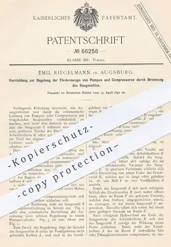 original Patent - Emil Riegelmann , Augsburg , 1892 , Regelung der Fördermenge von Pumpen und Kompressoren | Ventil !!