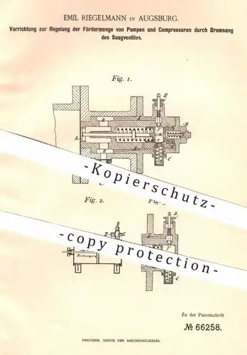 original Patent - Emil Riegelmann , Augsburg , 1892 , Regelung der Fördermenge von Pumpen und Kompressoren | Ventil !!