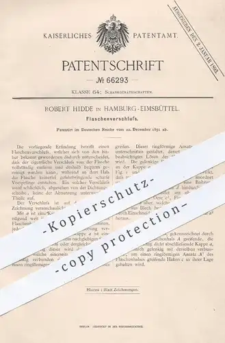 original Patent - Robert Hidde , Hamburg / Eimsbüttel , 1891 , Flaschenverschluss | Flaschen - Verschluss | Flasche !!