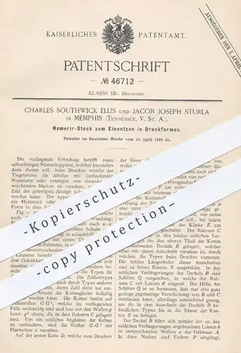 original Patent - Ch. Southwick Ellis , J. J. Sturla , Memphis , Tennessee USA  1888 , Nummerier - Stock für Druckformen