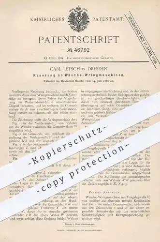 original Patent - Carl Letsch , Dresden , 1888 , Wäsche - Wringmaschinen | Schleuder , Schleudern , Waschmaschine !!