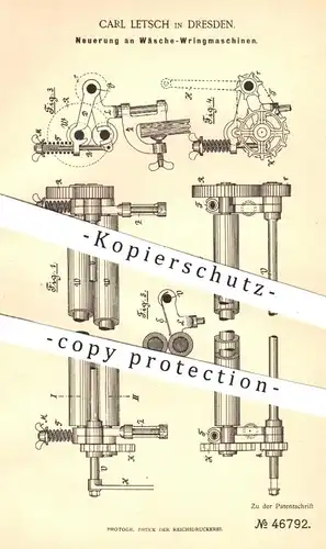 original Patent - Carl Letsch , Dresden , 1888 , Wäsche - Wringmaschinen | Schleuder , Schleudern , Waschmaschine !!