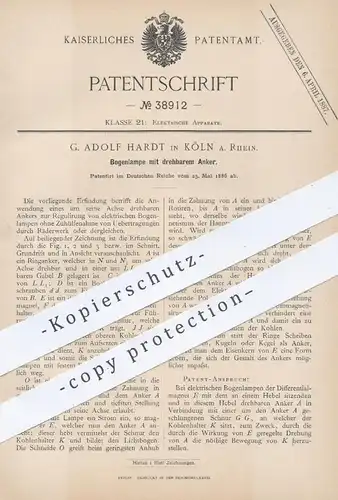 original Patent - G. Adolf Hardt , Köln / Rhein , 1886 , Bogenlampe mit drehbarem Anker | Lampe , Lampen , Elektrik !!