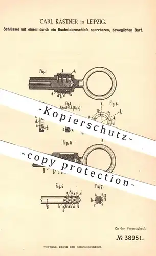 original Patent - Carl Kästner in Leipzig , 1886 , Schlüssel | Buchstabenschloss | Schloss , Türschloss , Schlosser !!!