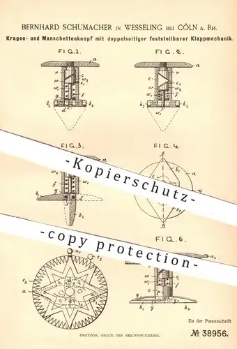 original Patent - Bernhard Schumacher , Wesseling / Köln , 1886 , Kragenknopf , Manschettenknopf | Knopf , Knöpfe !!!