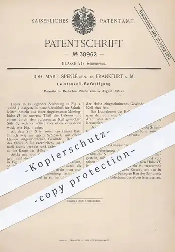 original Patent - J. Mart. Spenlé , Frankfurt / Main , 1886 , Leistenkeil - Befestigung | Schuhe , Schuster , Schuhwerk