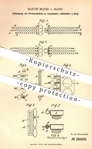 original Patent - Martin Mayer , Mainz , 1886 , Befestigung von Perlenschnüren am Armband , Halskette | Schmuck , Perlen