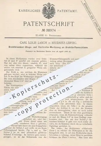 original Patent - Carl L. Lasch , Reudnitz / Leipzig , 1886 , Werkzeug an Drahtheftmaschinen | Heftklammern , Buchbinder