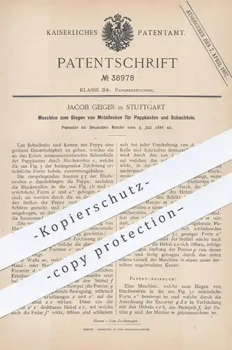 original Patent - Jacob Geiger , Stuttgart , 1886 , Biegen von Metallecken für Kartons u. Schachteln | Papier , Pappe !!