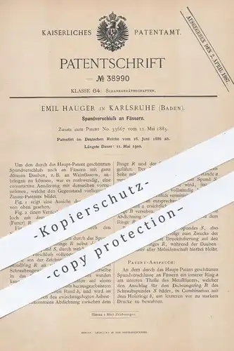 original Patent - Emil Hauger in Kalrsruhe , 1886 , Spundverschluss am Fass | Fässer , Weinfass , Bierfass , Wein , Bier