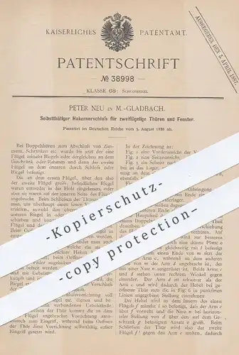 original Patent - Peter Neu , Mönchengladbach , 1886 , Hakenverschluss für 2-flügelige Türen u. Fenster | Tür , Schloss