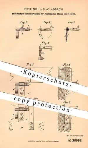 original Patent - Peter Neu , Mönchengladbach , 1886 , Hakenverschluss für 2-flügelige Türen u. Fenster | Tür , Schloss