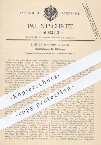 original Patent - J. Mütz & Comp , Wien , 1897 , Reflektorfassung für Glühlampen | Reflektor , Lampenfassung , Lampen !