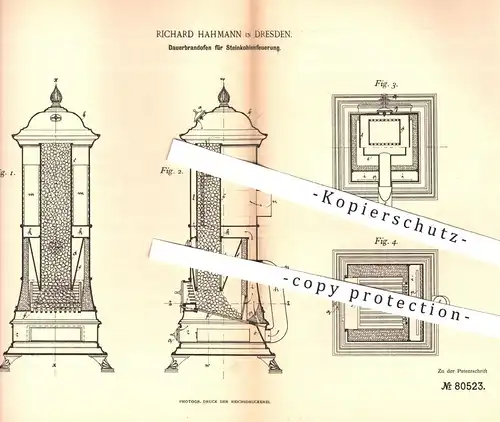 original Patent - Richard Hahmann , Dresden , 1894 , Dauerbrandofen für Steinkohlenfeuerung | Ofen , Öfen , Steinkohle