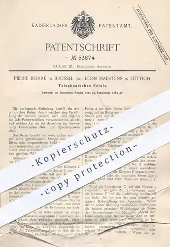 original Patent - Pierre Borre , Brüssel | Léon Maertens , Lüttich  1889 , Relais für Telefonie | Telefon , Fernsprecher
