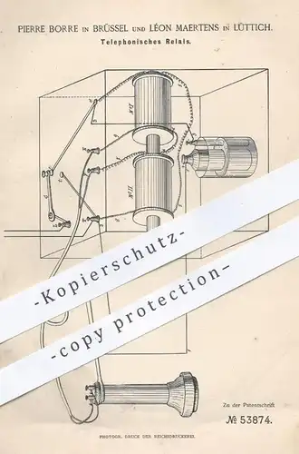 original Patent - Pierre Borre , Brüssel | Léon Maertens , Lüttich  1889 , Relais für Telefonie | Telefon , Fernsprecher