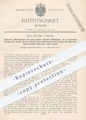 original Patent - Max Müthel , Berlin , 1884 , Elektrische Differentiallampe  | Lampe , Lampen , Elektrik , Strom !!