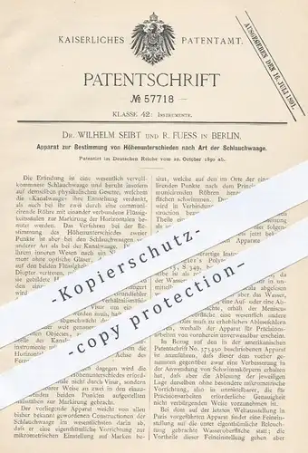 original Patent - Dr. W. Seibt , R. Fuess , Berlin , 1890 , Höhenunterschiede bestimmen mit Schlauchwaage , Kanalwaage