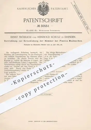 original Patent - Ernst Fröhlich , R. Schulz , Dresden , 1884 , Verschiebung der Hämmer bei Pianino - Mechanik | Piano !