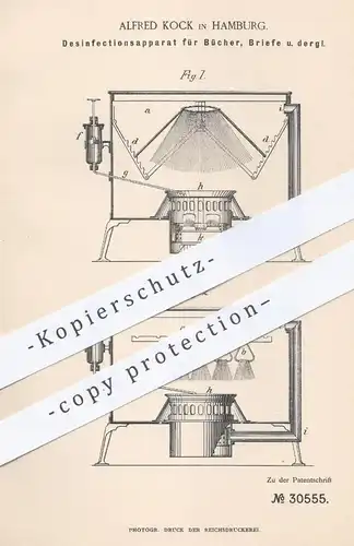 original Patent - Alfred Kock , Hamburg , 1884 , Desinfektionsapparat für Bücher, Briefe | Desinfektion , Gesundheit !!