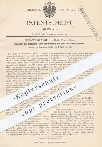 original Patent - Hermann Graeger , Halle / Saale , 1883 , Zapfhahn zur Erzeugung von Schaum auf Bier , Limonade !!!