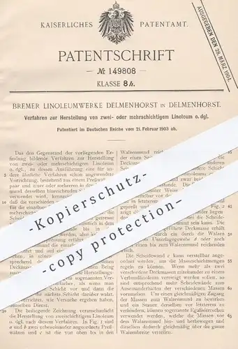 original Patent - Bremer Linoleumwerke Delmenhorst , 1903 , Herstellung von mehrschichtigem Linoleum | Bodenbelag !!