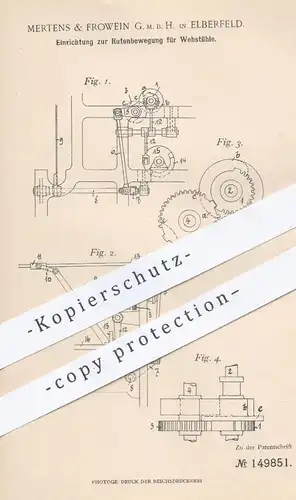 original Patent - Mertens & Frowein GmbH , Elberfeld , 1903 , Rutenbewegung für Webstühle | Webstuhl , Weber , Weben !!!