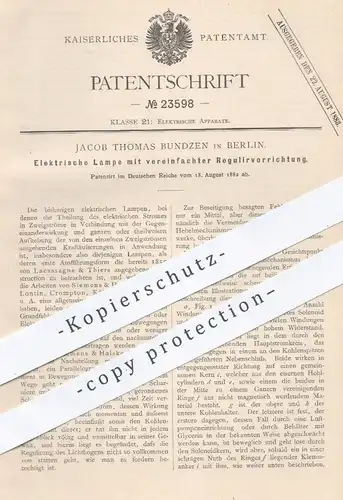 original Patent - Jacob Thomas Bundzen , Berlin , 1882 , Elektrische Lampe mit Regulierung | Siemens & Halske !!!