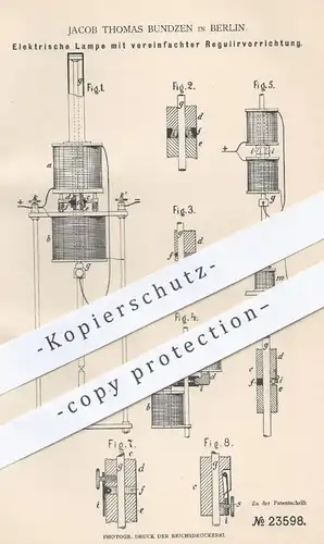original Patent - Jacob Thomas Bundzen , Berlin , 1882 , Elektrische Lampe mit Regulierung | Siemens & Halske !!!