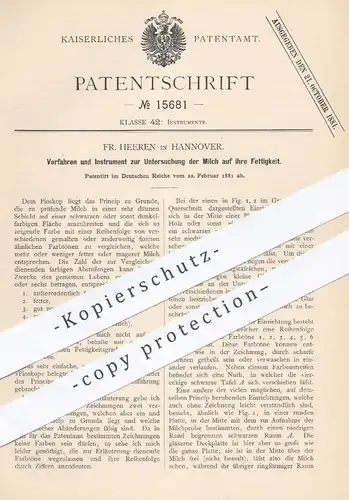 original Patent - Fr. Heeren , Hannover , 1881 , Untersuchung der Milch auf Fettigkeit | Fett , Lebensmittel , Pioskop !