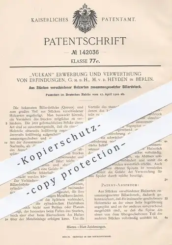 original Patent - Vulkan Erwerbung u. Verwertung v. Erfindungen | M. v. d. Heyden , Berlin 1902 , Billard Stock | Queue