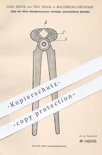original Patent - Carl u. Emil Bergk , Magdeburg / Neustadt , 1902 , Zange mit wechselbaren Schneiden | Kneifzange !!