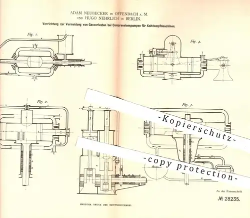 original Patent - Adam Neubecker , Offenbach / Main | Hugo Nehrlich , Berlin , 1883 , Pumpen für Kalt - Dampfmaschinen !