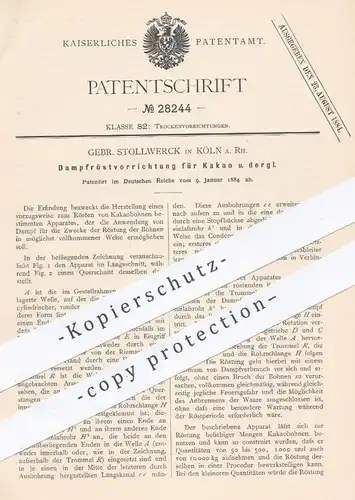 original Patent - Gebr. Stollwerck , Köln / Rhein 1884 , Dampfröstvorrichtung für Kakao | Rösten , Rösterei , Schokolade