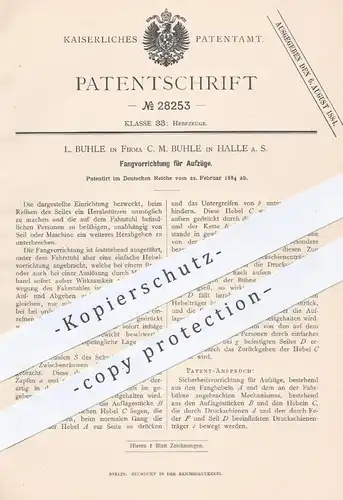 original Patent - L. Buhle / C. M. Buhle , Halle / Saale , 1884 , Fangvorrichtung für Aufzüge | Aufzug , Fahrstuhl !!