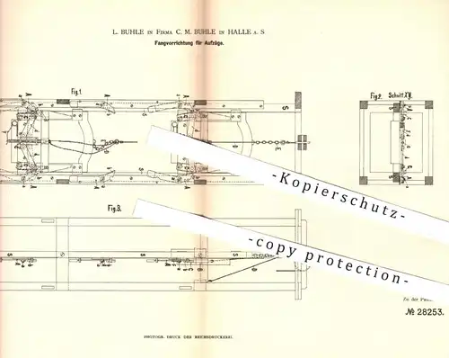 original Patent - L. Buhle / C. M. Buhle , Halle / Saale , 1884 , Fangvorrichtung für Aufzüge | Aufzug , Fahrstuhl !!