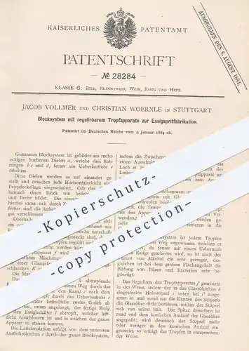 original Patent - Jacob Vollmer , Ch. Woernle , Stuttgart , 1884 , Blocksystem zur Essigspritfabrikation | Essig , Sprit