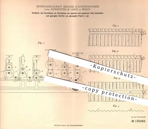 original Patent - AG Berliner Luxusfabrik / Hohenstein & Lange , Berlin , 1902 , Papier bedrucken, prägen, plissieren !