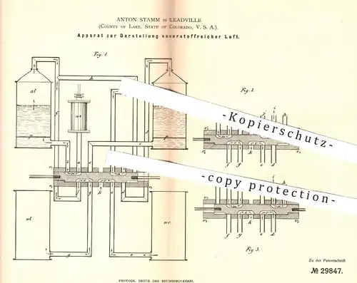 original Patent - Anton Stamm , Leadville , Lake , Colorado USA , 1884 , Darstellung sauerstoffreicher Luft | Chemie !!